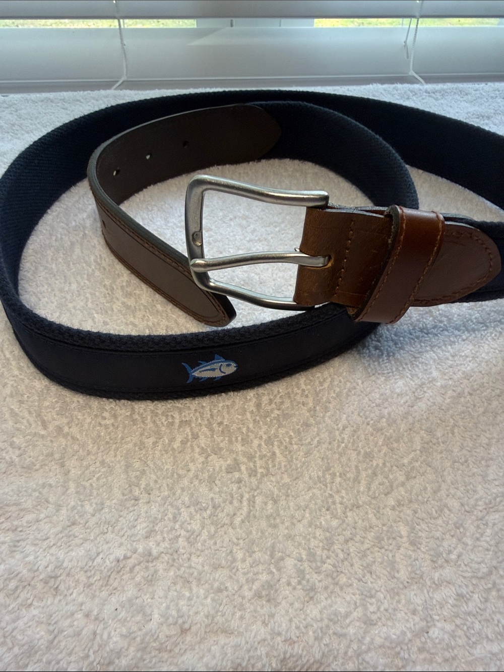 Southern Tide Navy Blue Canvas Belt with Brown Leather Trim and Tuna